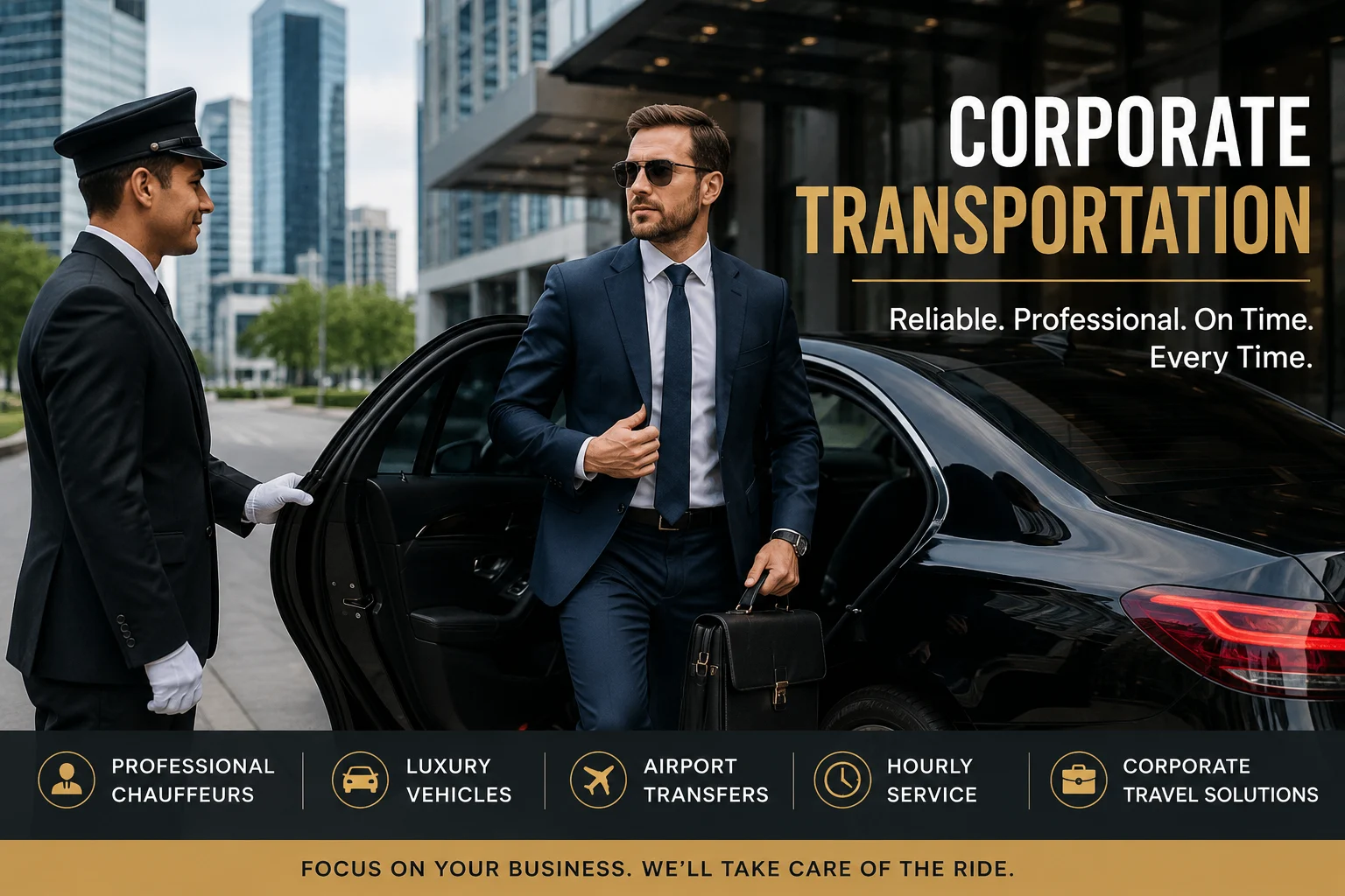Corporate chauffeur opening the door of a black luxury sedan for a businessman during a private corporate transportation service.