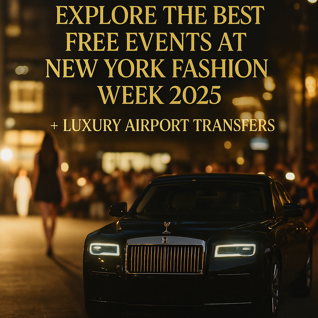 Luxury private car parked outside NYFW pop-up event with stylish crowd in background.