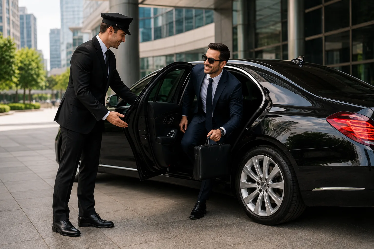Private chauffeur opening the door of a black luxury sedan for a business traveler outside a modern office building