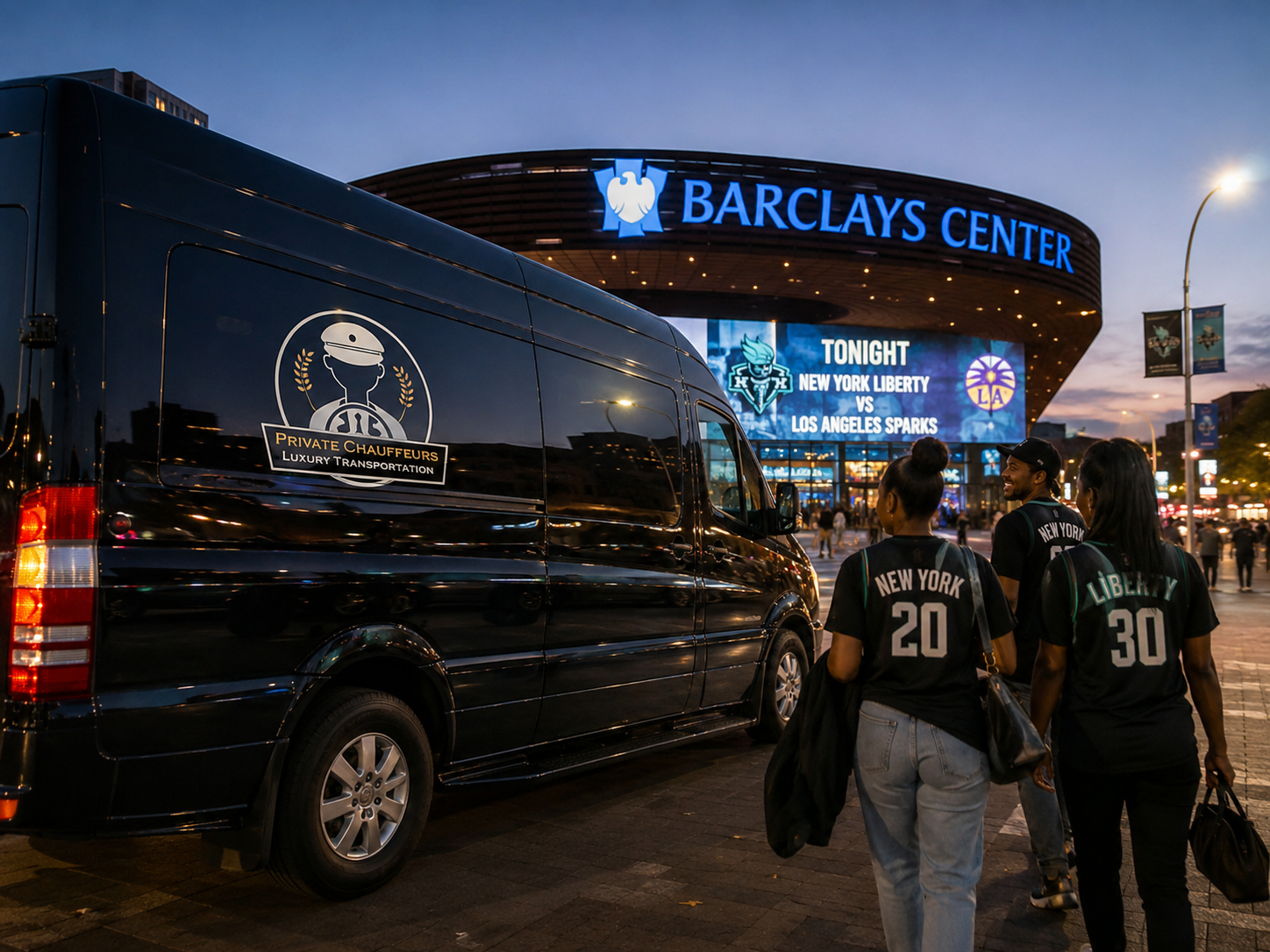 Black luxury Sprinter van providing chauffeur services Brooklyn for basketball fans traveling to the New York Liberty vs Los Angeles Sparks game at Barclays Center