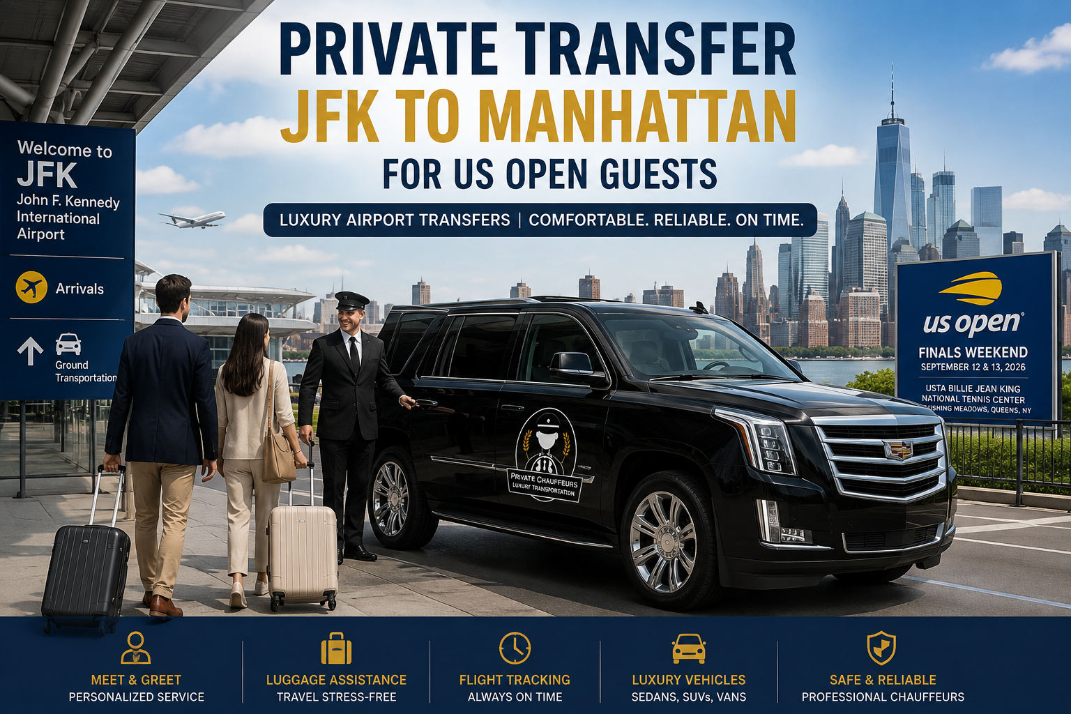 Private transfer from JFK to Manhattan with a luxury chauffeur SUV assisting US Open guests with luggage during Finals weekend in New York.