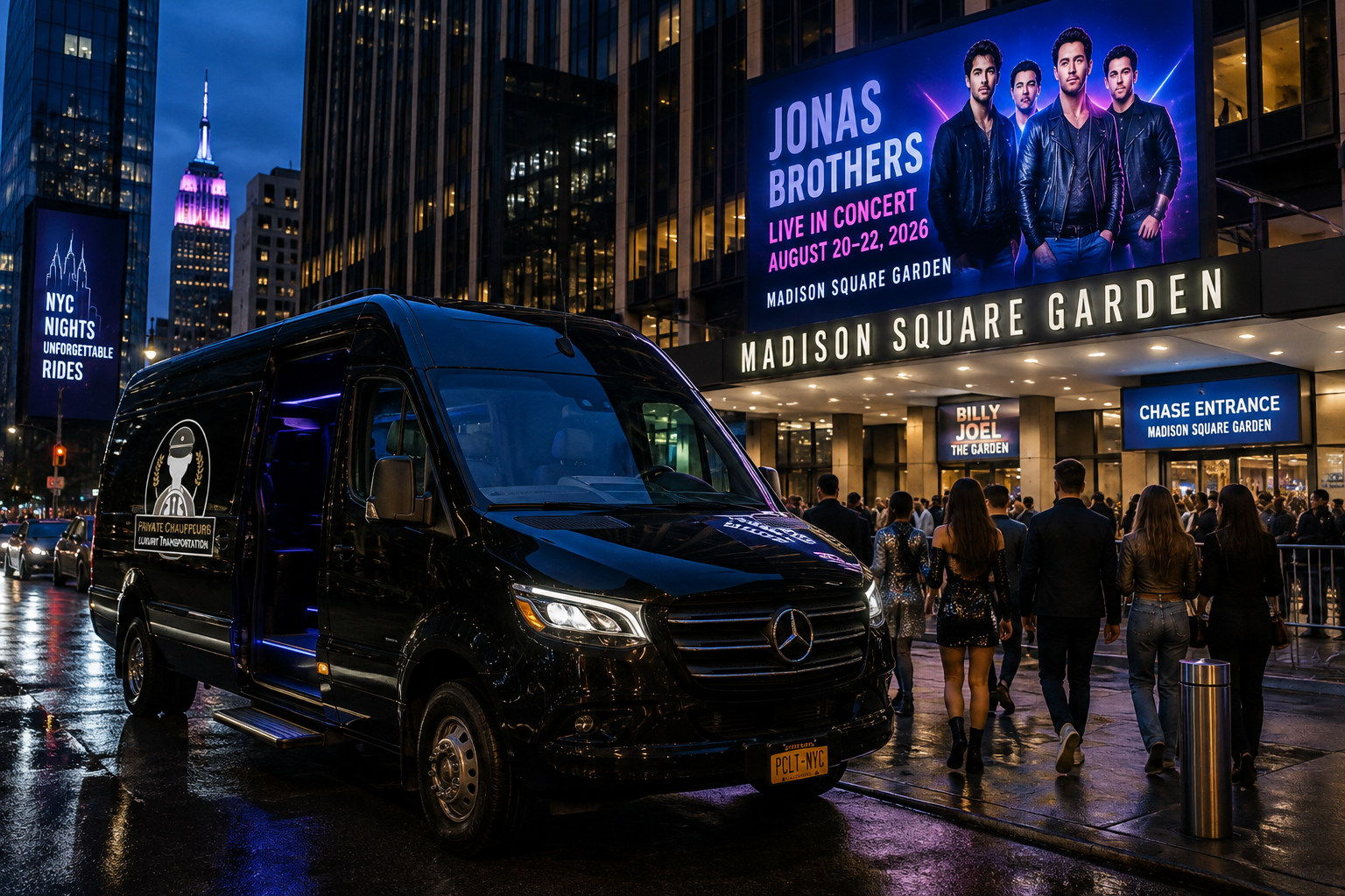 Private chauffeur service with a luxury black vehicle arriving near Madison Square Garden for the Jonas Brothers concert in NYC