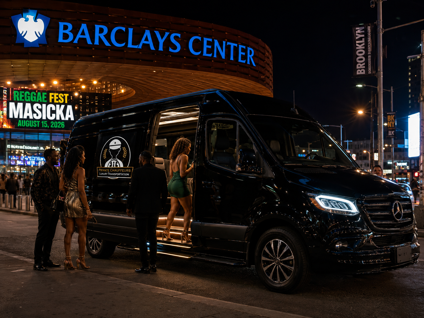 Luxury chauffeur vehicle taking Reggae Fest guests to Barclays Center in Brooklyn for Masicka