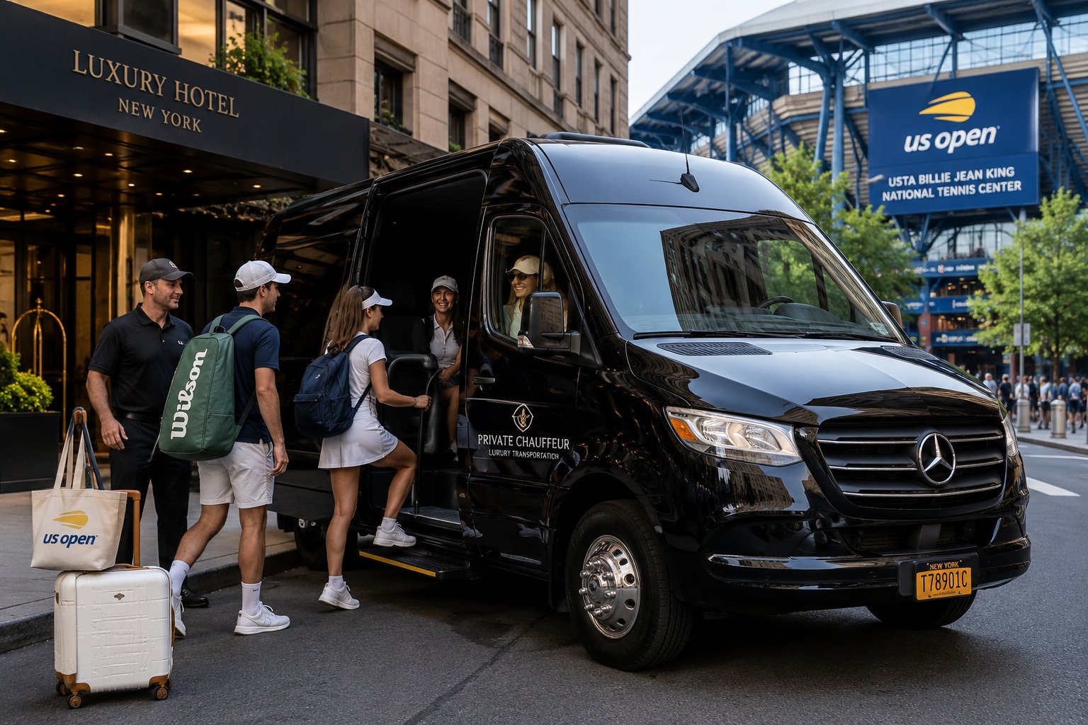 Luxury NYC Sprinter van transporting tennis fans to the US Open in Queens