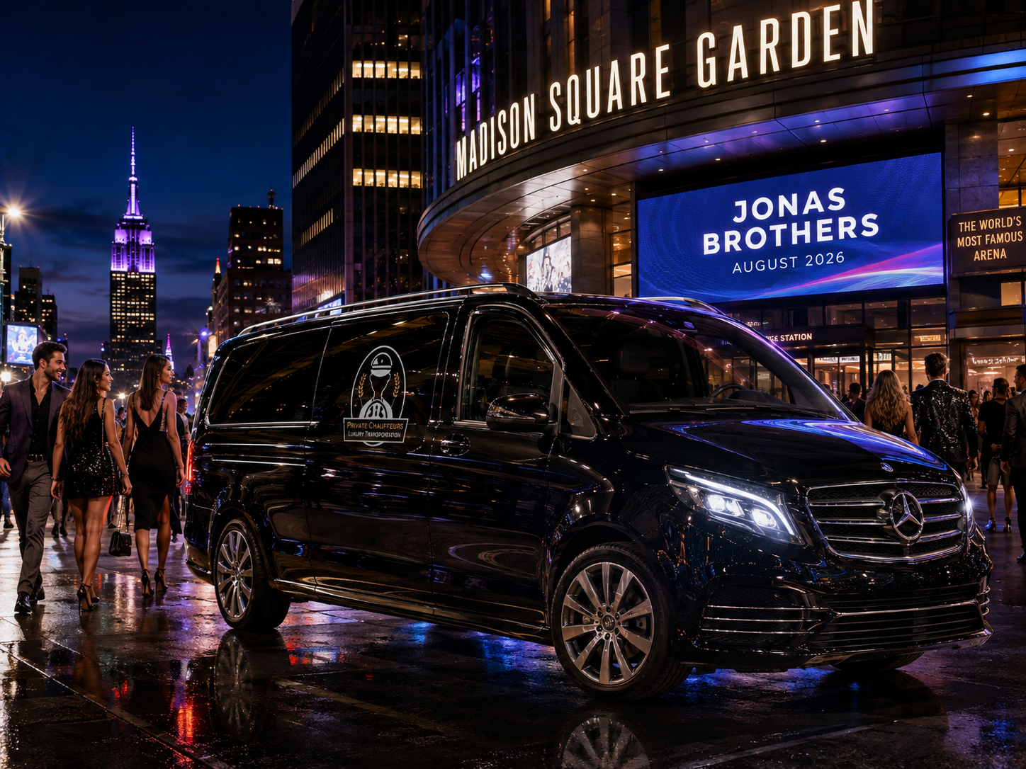 Luxury driver services arriving near Madison Square Garden for the Jonas Brothers concert in New York City