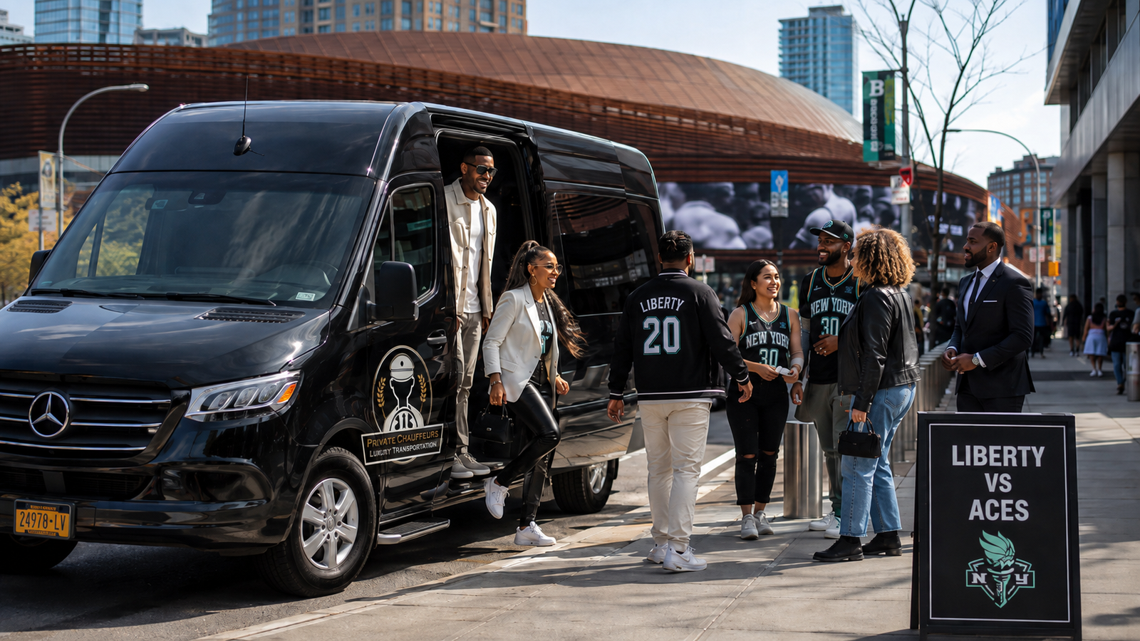Black luxury Sprinter van near Barclays Center for the New York Liberty vs Las Vegas Aces game in Brooklyn