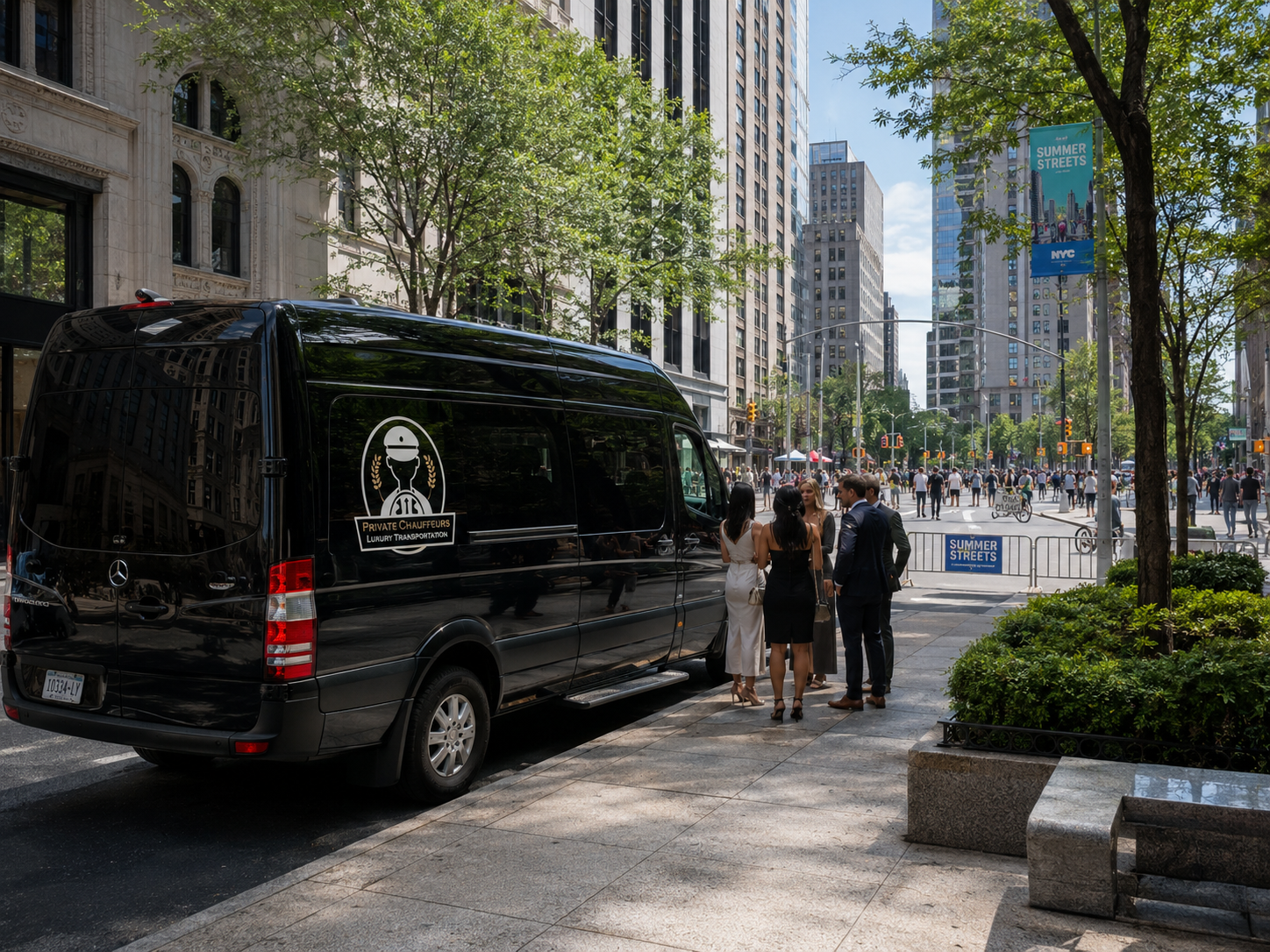 Black luxury Sprinter van hire Manhattan near the NYC Summer Streets route while pedestrians and cyclists enjoy a car-free Manhattan street