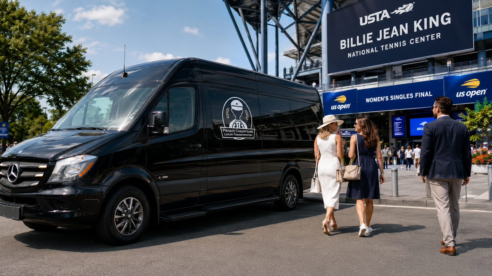Luxury Sprinter van transporting tennis fans to the US Open Women’s Singles Final at Arthur Ashe Stadium in Queens