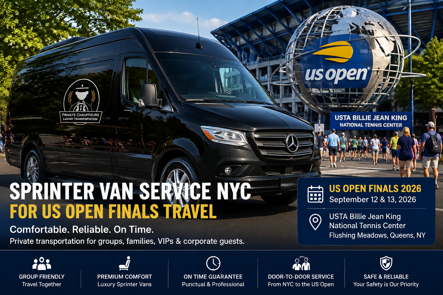 Luxury Sprinter van service NYC outside the USTA Billie Jean King National Tennis Center for US Open Finals 2026 group and VIP transportation.