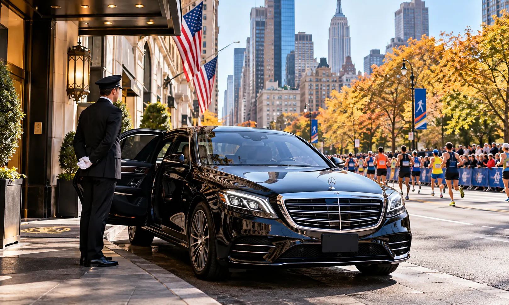 Black Mercedes-Benz luxury chauffeur car outside a Manhattan hotel with runners participating in the NYC Marathon 2026 in the background.